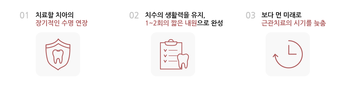 01.치료할 치아의 장기적인 수명 연장 / 02.치수의 생활력을 유지, 1~2회의 짧은 내원으로 완성 / 03.보다 먼 미래로 근관치료의 시기를 늦춤